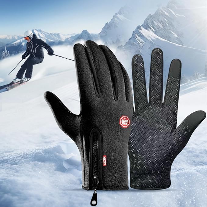Waterproof Thermal Winter Touch Screen Anti-Slip Gloves Insulated Cold with Zip Design Black Outdoor Gloves for Cold Weather
