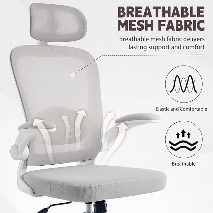 Rishtivin Ergonomic Office Chair with 3D Adjustable Lumbar Support, Mesh High Back, 75° Rotating Headrest, Rocking Function, 300lbs Capacity, Black/White (White)