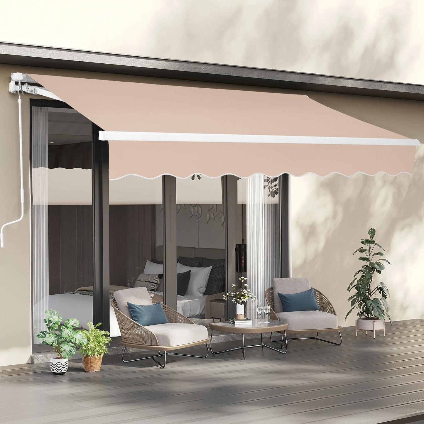 VINGLI 12’ x 10 ‘ Retractable Awning for Patio Awning Door Awning with Manual Crank Handle, Aluminum Frame Door Canopy UV Resistant (Beige)