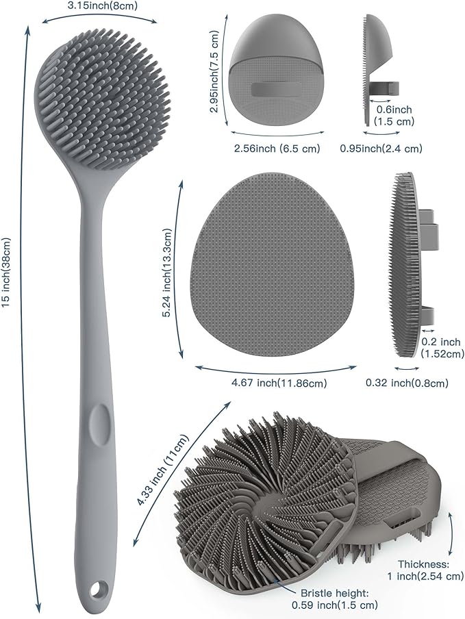 Manmihealth Silicone Back Scrubber & Soft Bath Glove Set 4 PCS(Thick Bristles), Super-Exfoliating Body Scrubber & Super-Lathering Shower Brush Combination, with a Free Hook(Gray)