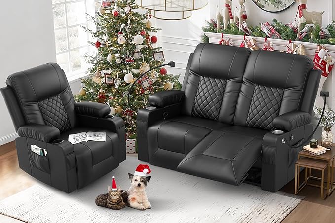 FURNIMAT Loveseat Recliner Sofa Set with 2+1 Pieces, 2 Seater Reclining Loveseat Couch with USB Ports, Cell Phone Holders, 2 Recliner Chairs with Vibration Massage and Heat, Living Room, Bedroom, RV