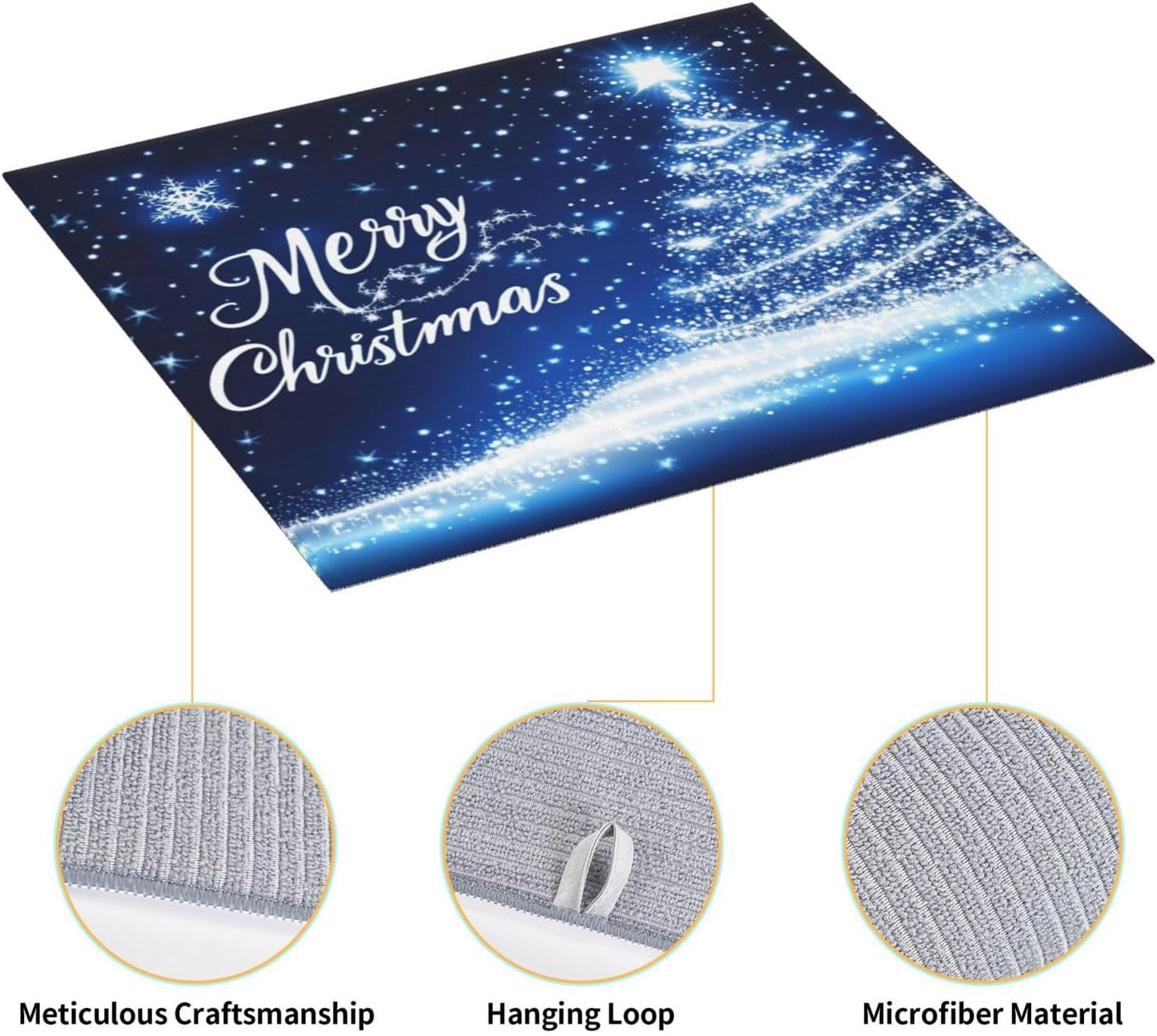 Dish Drying Mat for Kitchen Merry Christmas Blue Tree Counter Absorbent Dishes Drainer Microfiber Small 16x18 Inch