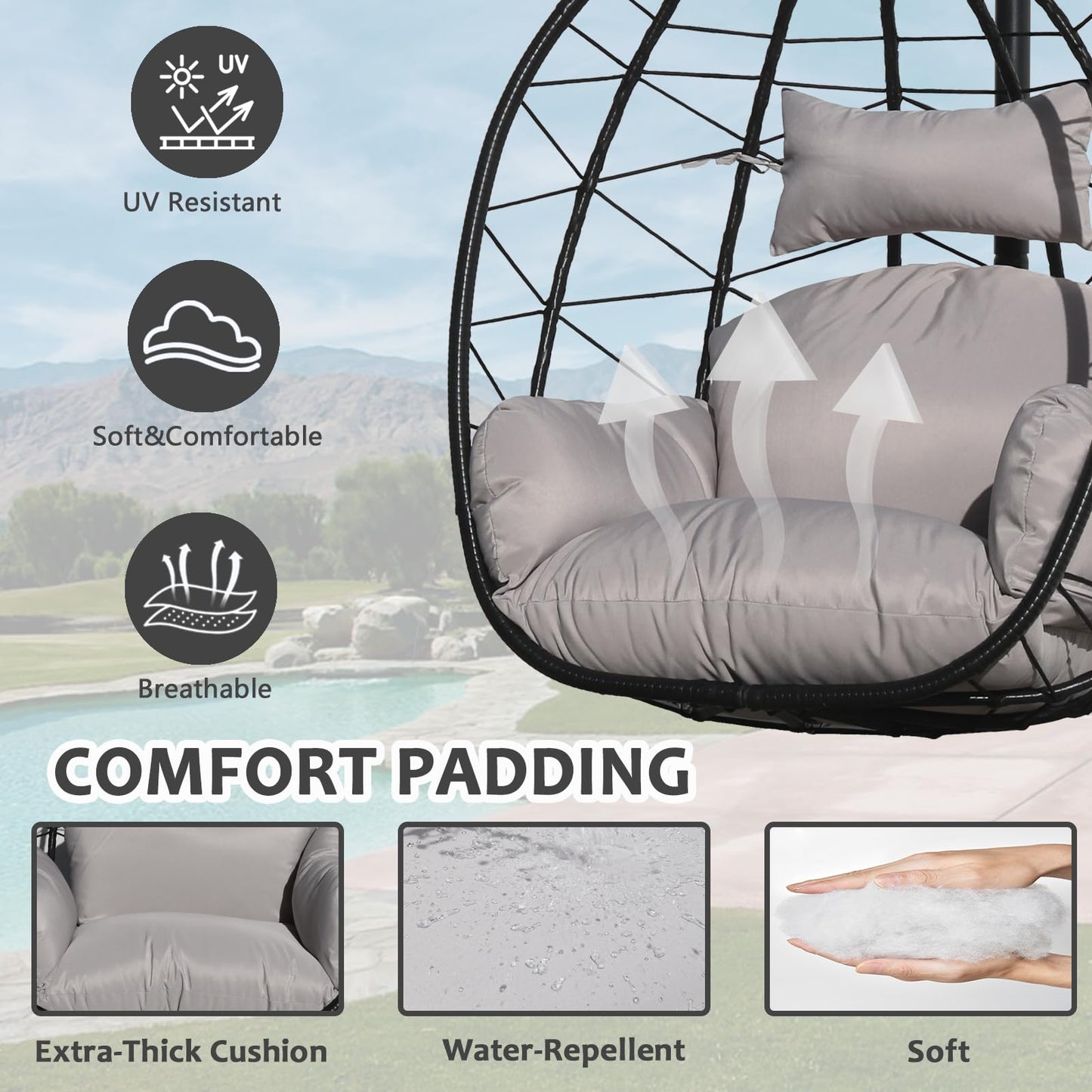 Egg Chair with Stand, Uv-Proof Pe Wicker Hanging Chair for Outdoor Patio, Cushioned Hammock Swing for Bedroom Garden Indoor/Outdoor, Double-Zipper Structure Hanging Egg Chair (Black and Gray)