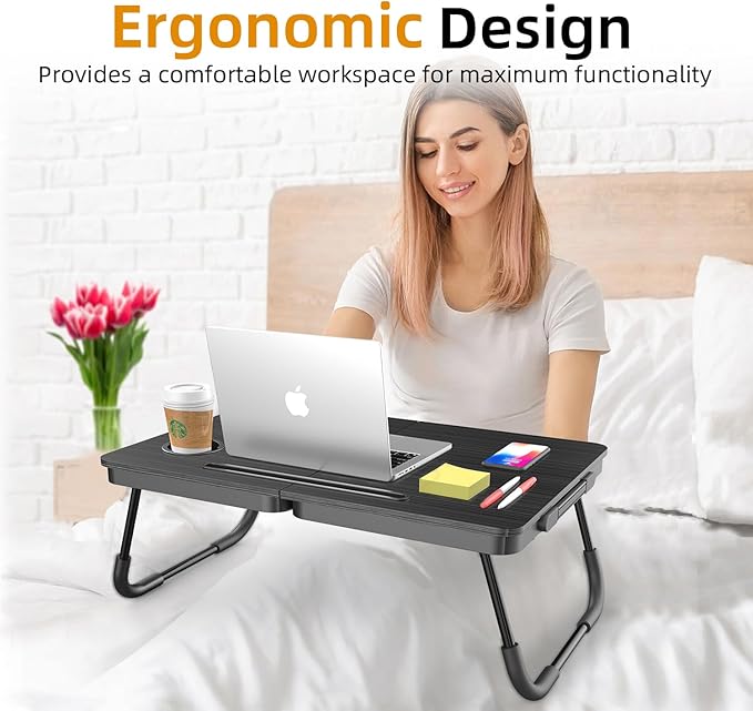 BUYIFY Portable Foldable Laptop Desk for Bed and Couch, Adjustable Lap Desk with Cup Holder and Phone Holder, Ideal for Working, Reading, Writing, and Breakfast (Black)-USA Original Patent