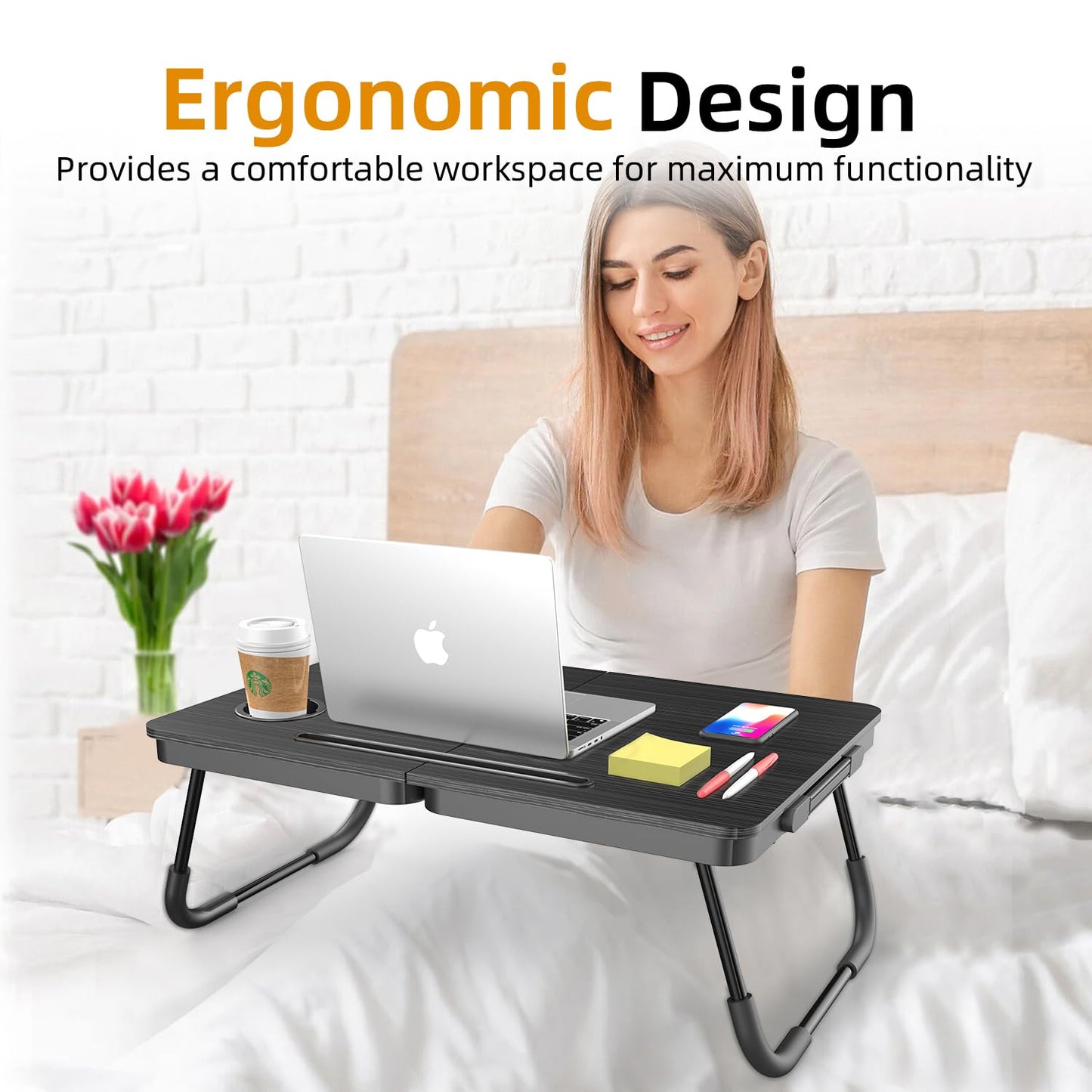 BUYIFY Portable Foldable Laptop Desk for Bed and Couch, Adjustable Lap Desk with Cup Holder and Phone Holder, Ideal for Working, Reading, Writing, and Breakfast (Black)