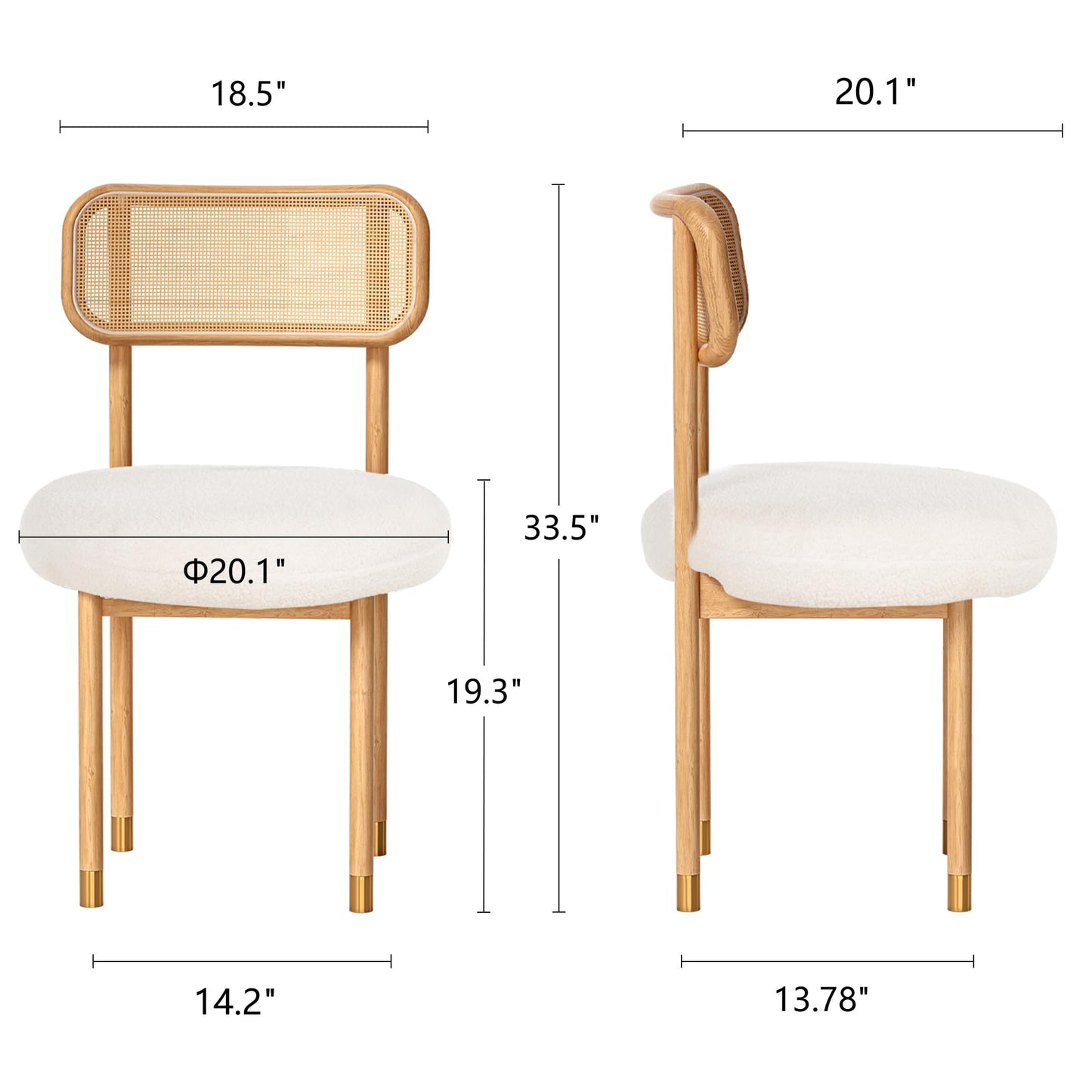 HoeuThien Upholstered Rattan Dining Chairs Set of 4, Mid Century Modern Kitchen Chairs with Curved Back and Solid Wood Legs Armless Accent Chair for Living Room Bedroom, Natural Oak/White Boucle