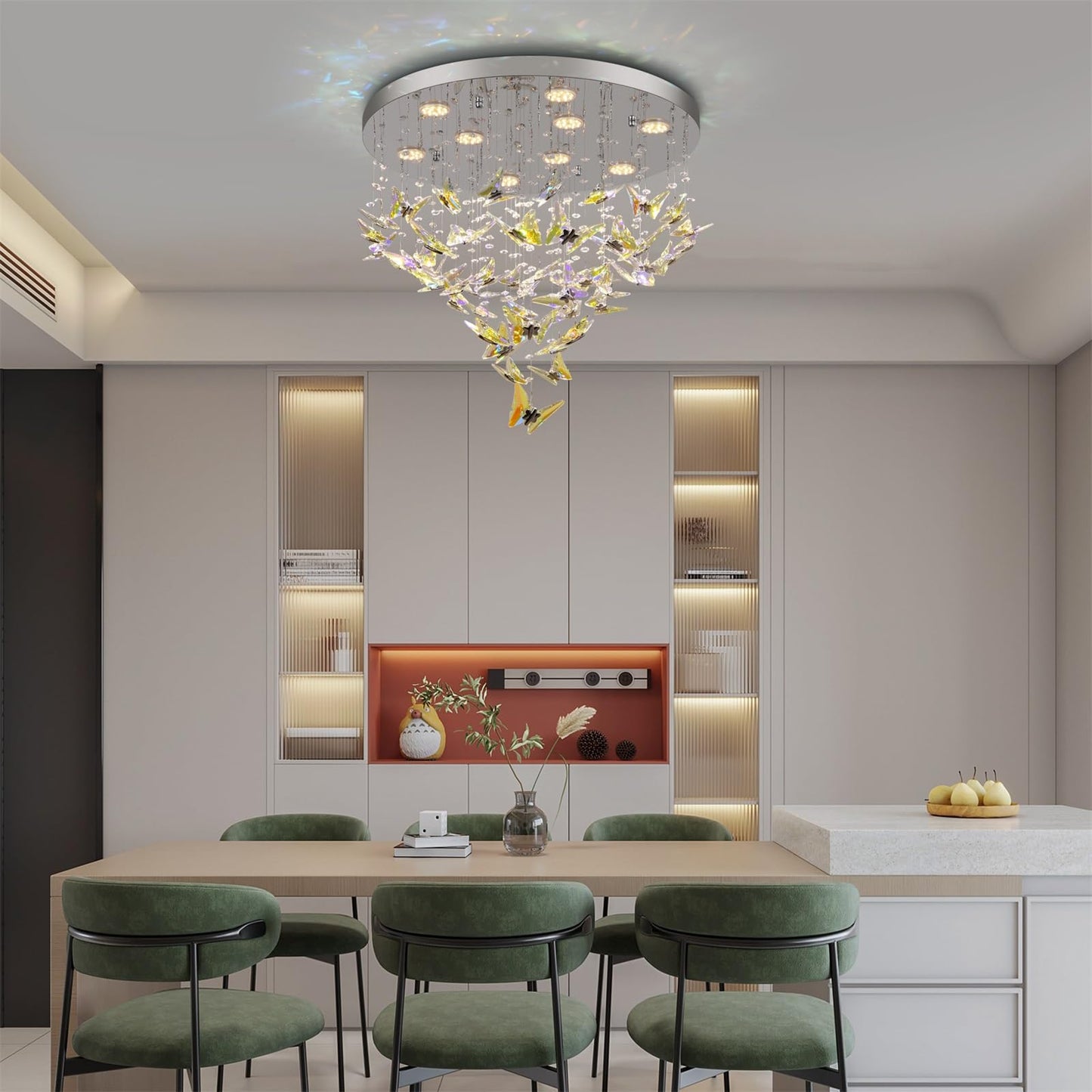 Modern Crystal Chandelier, 24 inch Flush Mount Crystal Ceiling Light with Remote and APP Control, 3CCT Dimmable, Elegant Butterfly LED Chandeliers for Bedroom Dining Room Living Room Foyer Entryway