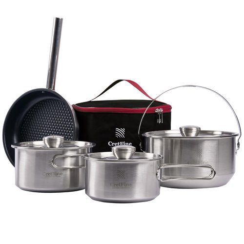 CretFine EssentialKit Camping Cookware Set Stainless Steel Pots and Pan with Detachable Handle and Oxford Cloth Bag for 4-8, Perfect for Openfire Camp Kitchen, Picnic, BBQ, Traveling, Emergency