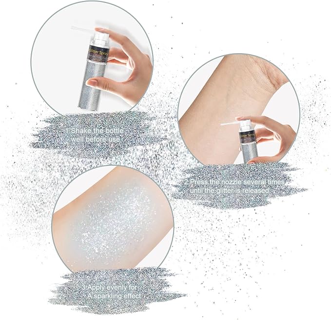 Hair and Body Glitter Spray, 1PC Hair Glitter Extra Fine Face Shimmer Powder for Clothes, Festival Loose Sparkle Powder for Rave Clothes Nail Art Easter Halloween Crafts (Silver)
