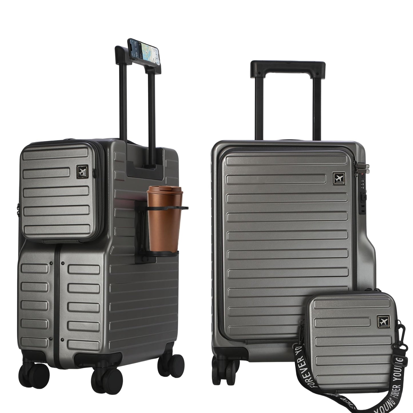 MAITUD Front Opening Carry On Luggage 22x14x9 Airline Approved, 20 Inch Aluminum Frame Suitcase with Dual TSA Locks & Cup Holder, PC Hardshell Travel Case with Detachable Bag (Titanium Grey)
