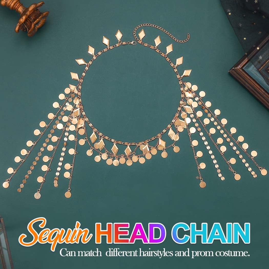 Kilshye Gold Head Chain Sequin Tassel Headpiece Hair Chains Festival Costume Headband for Women