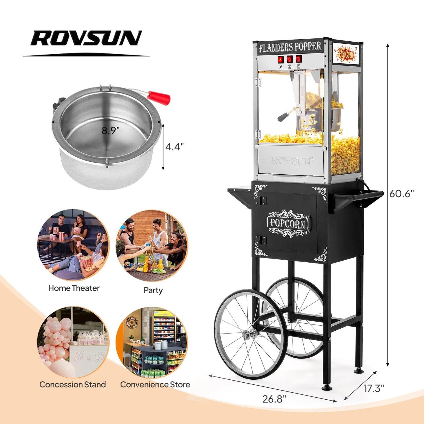 ROVSUN Popcorn Machine with Cart, 10 Oz Kettle Makes Up to 4 Gallons ETL Certified, Popcorn Maker w/Scoop, Oil Spoon, Bags & 3 Popcorn Cups, Movie Theater Style Popper for Commercial Home Party, Black