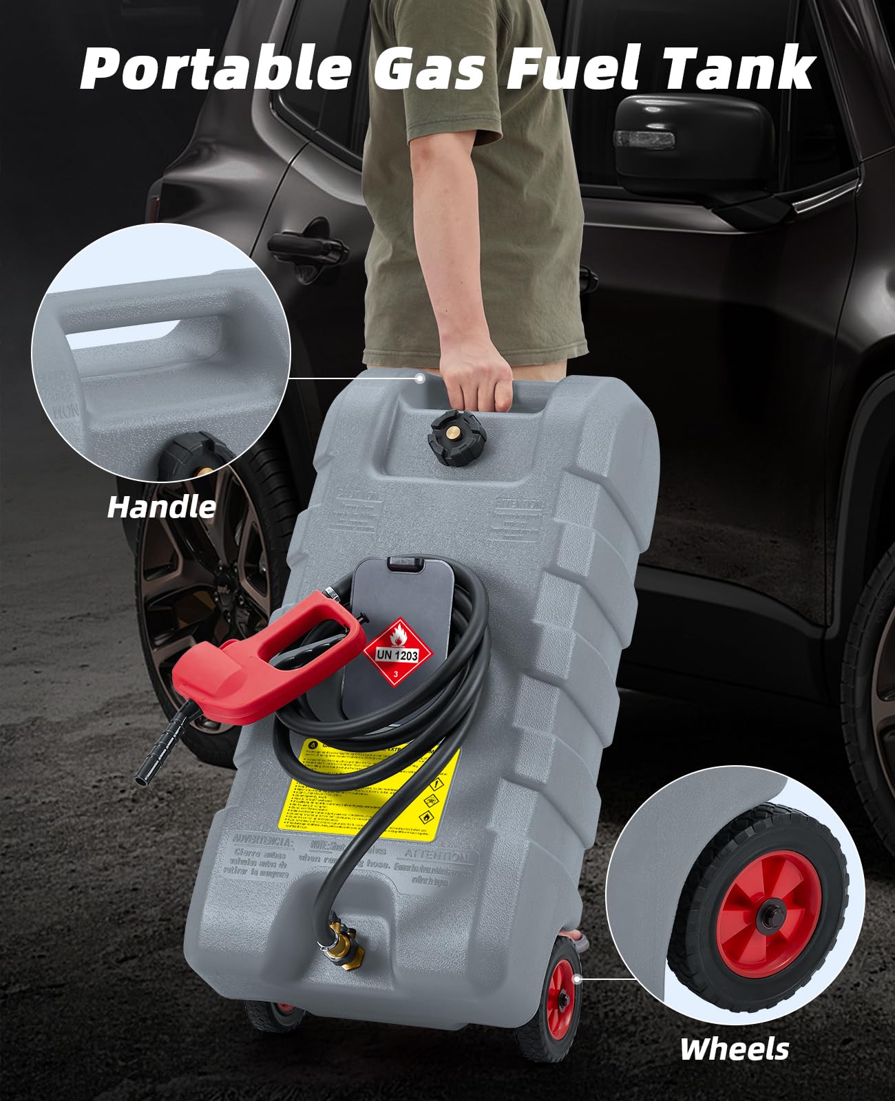 IDEALHOUSE 15 Gallon Gas Can on Wheels, Heavy Duty Portable Fuel Caddy with Manual Transfer Pump, 10 Foot Reinforced Hose, Rotating Nozzle, and Dual Shut-Off Valves, Ideal for Lawn Mowers, Cars, Boats