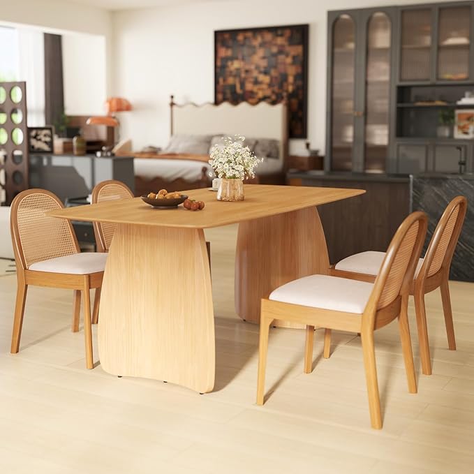 HEAH-YO Rattan Dining Chairs Set of 4, Upholstered Linen Dining Room Chairs with Backrests, Modern Kitchen Chairs with Wood Legs for Dining Room, Beige
