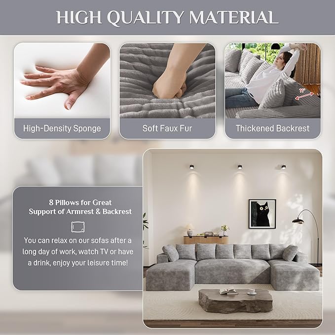 Modular Sectional Sofa, 130" U Shaped Cloud Couch Plush Corduroy Deep Seat Boneless Sofas with 8 Pillows Double Chaise Lounge Sectional Couches with Memory Foam for Living Room - Light Grey