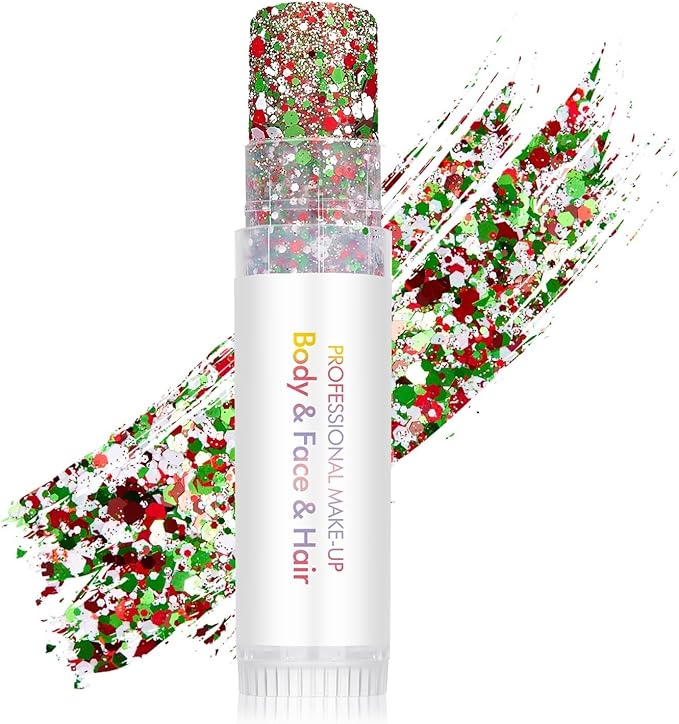 Body Glitter Stick, Holographic Sparkling Sequins Neon Outfit Party Super Sparkly Face Paint Rave Festival Accessories Glitter Gel Makeup.(Red & White & Green)