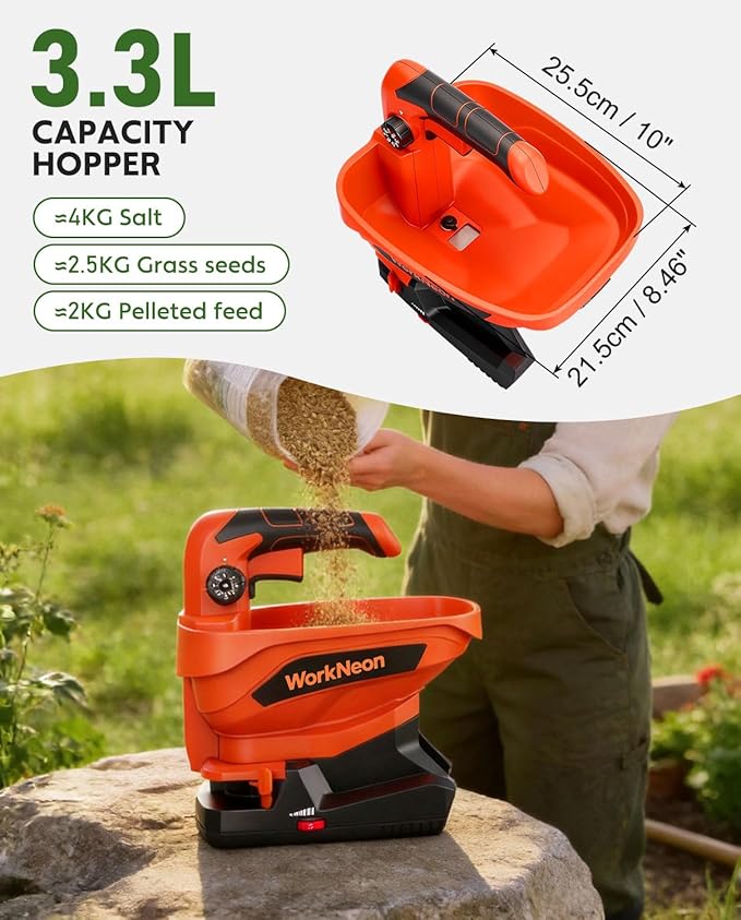 Battery Powered Seed Spreader, 7.2V Salt Spreader for Snow, Ice Melt Spreader, Rechargeable Grass Seed Spreader with 8-Level Settings and 3.3L Large Capacity