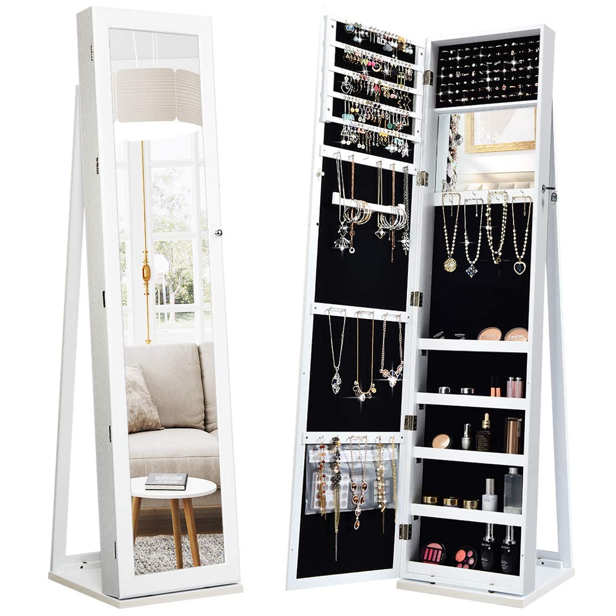 OFFICEJOY Standing Jewelry Armoire w/Full Length Mirror & Inside Mirror, Lockable Jewelry Cabinet Organizer w/Stable Base, Mirrored Jewelry Cabinet Organizer for Necklace, Ring, Earring Cosmetic