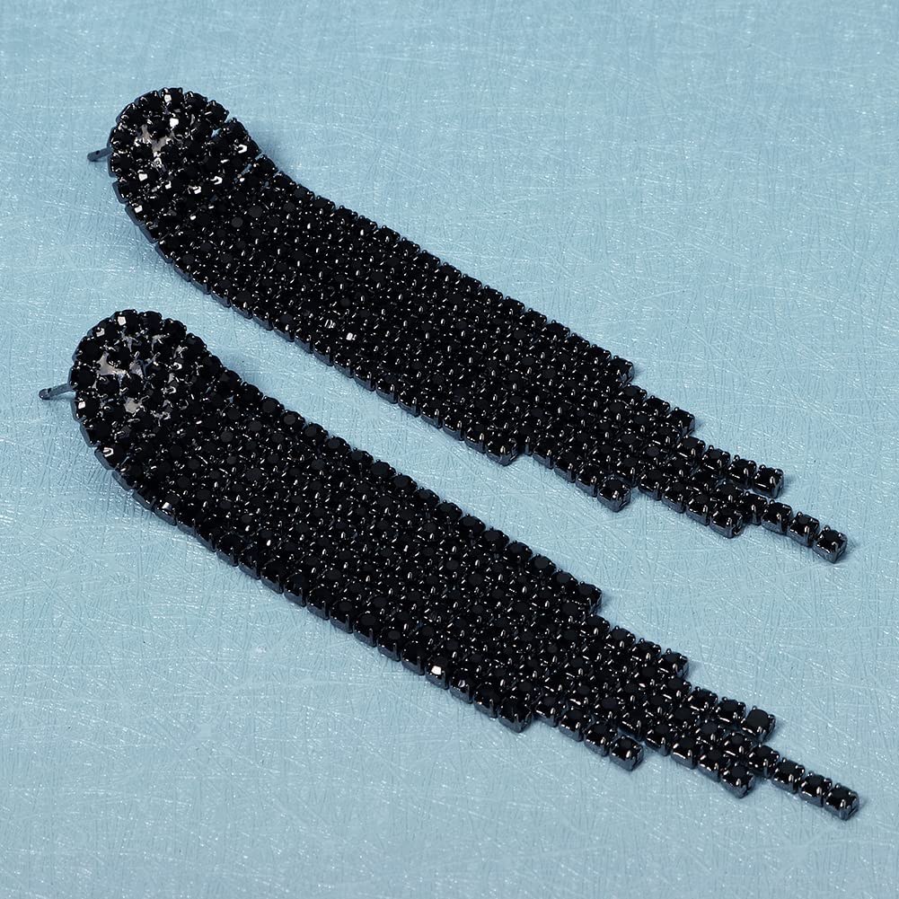 Mlouye Black Dangle Earrings for Women Rhinestone Earrings Dangling Long Tassel Fringe Crystal Drop Earring for Prom Party