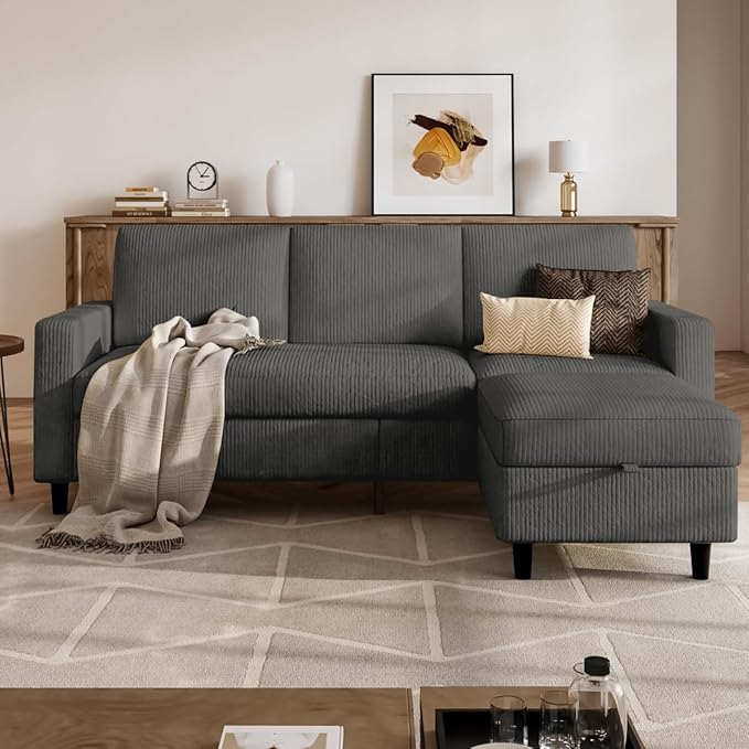 POYISOU Sectional Couches for Living Room, L Shaped Couch with Storage Ottoman, Small Sofa Corduroy Couch with Side Pockets, Modern 3 Seater Convertible Sofa for Apartment, Office, Dark Grey