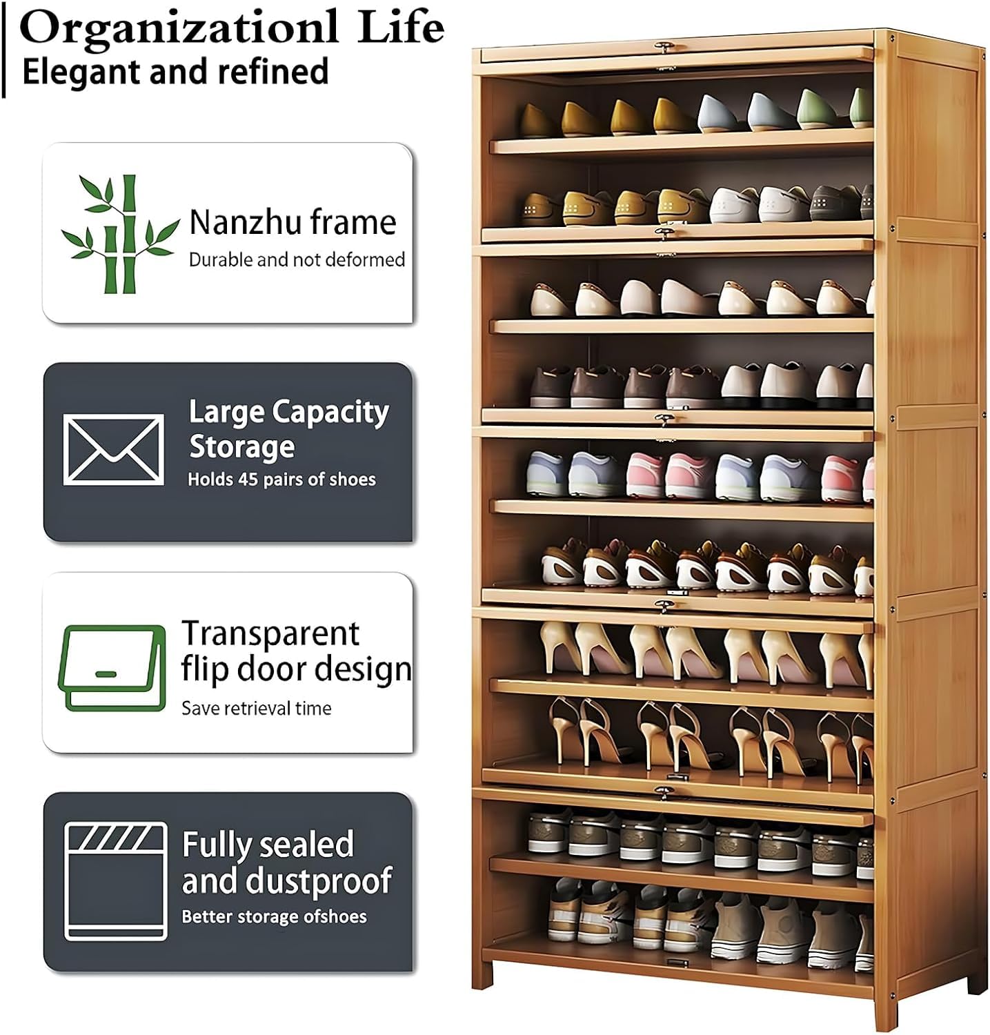 sasygfi Shoe Rack Organizer for Closet Entryway, Tall Shoes Cabinet with Acrylic Doors, 10-Tier 40 Pairs Bamboo Shoe Cabinet, Large Shoe Storage Cabinet for Hallway, Living Room, Bedroom
