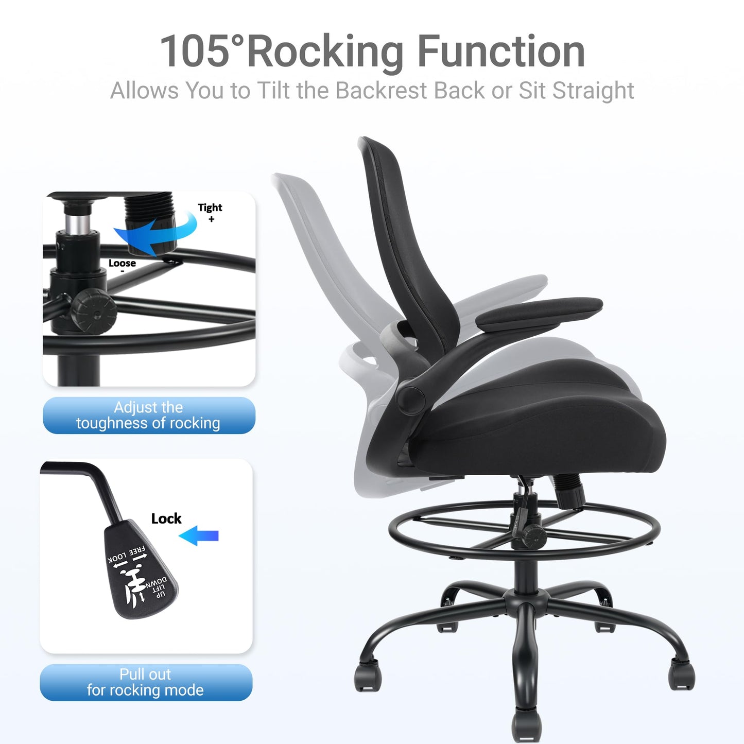 HYLONE Drafting Chair Tall Office Chair with Flip-Up and Adjustable Armrests Ergonomic Computer Chair with Adjustable Footrest Ring Mesh Standing Desk Chair (Black)