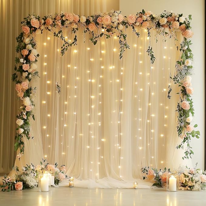 Xiomot Tulle Backdrop Curtain with Lights String 10FT X 8FT Champagne Sheer Tulle Backdrop Curtains for Wedding Birthday P...