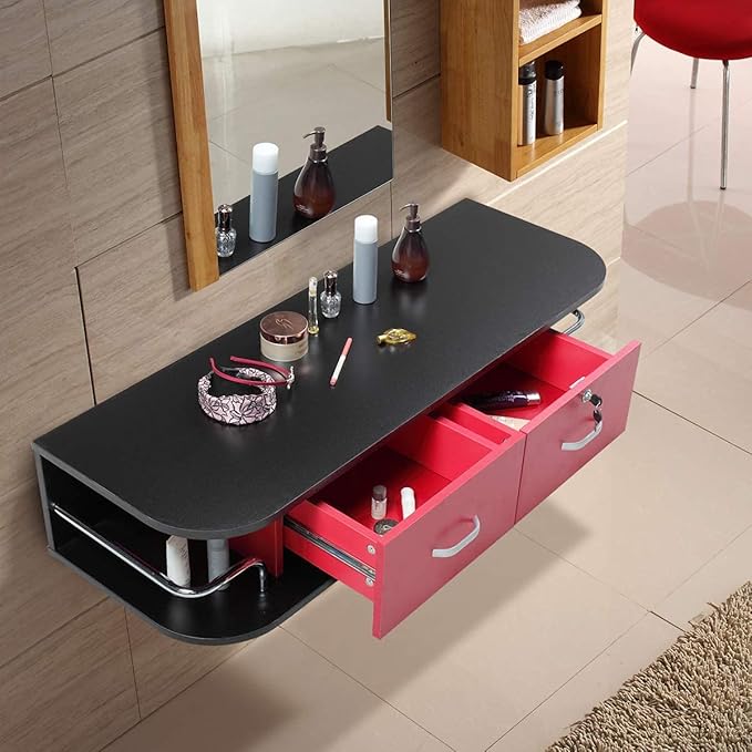 Multifunctional Wall-Mounted Beauty Station Salon Equipment with 2 Drawers, for Beauty Salon or SPA, Barber Shop, Home & Bathroom, Black and Red