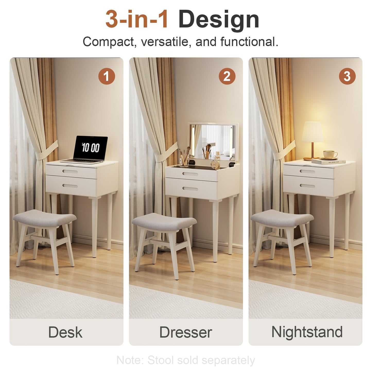 Muwuele Solid Wood Small Vanity Desk with Flip Top Mirror, Brightness Adjustable Lights, Compact Vanity with Glass Top and Drawers, Slim Dressing Table for Small Space, Bedroom, Living Room, White