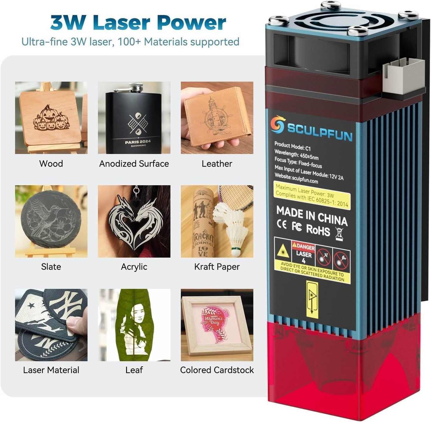 SCULPFUN C1 Mini Laser Engraver with SCULPFUN RA Mini Rotary Roller, 3W Portable Engraving Machine, 0.04mm Ultra-Fine Spot, 150x130mm Engraving Area, Works on Wood, Leather, Paper, Slate