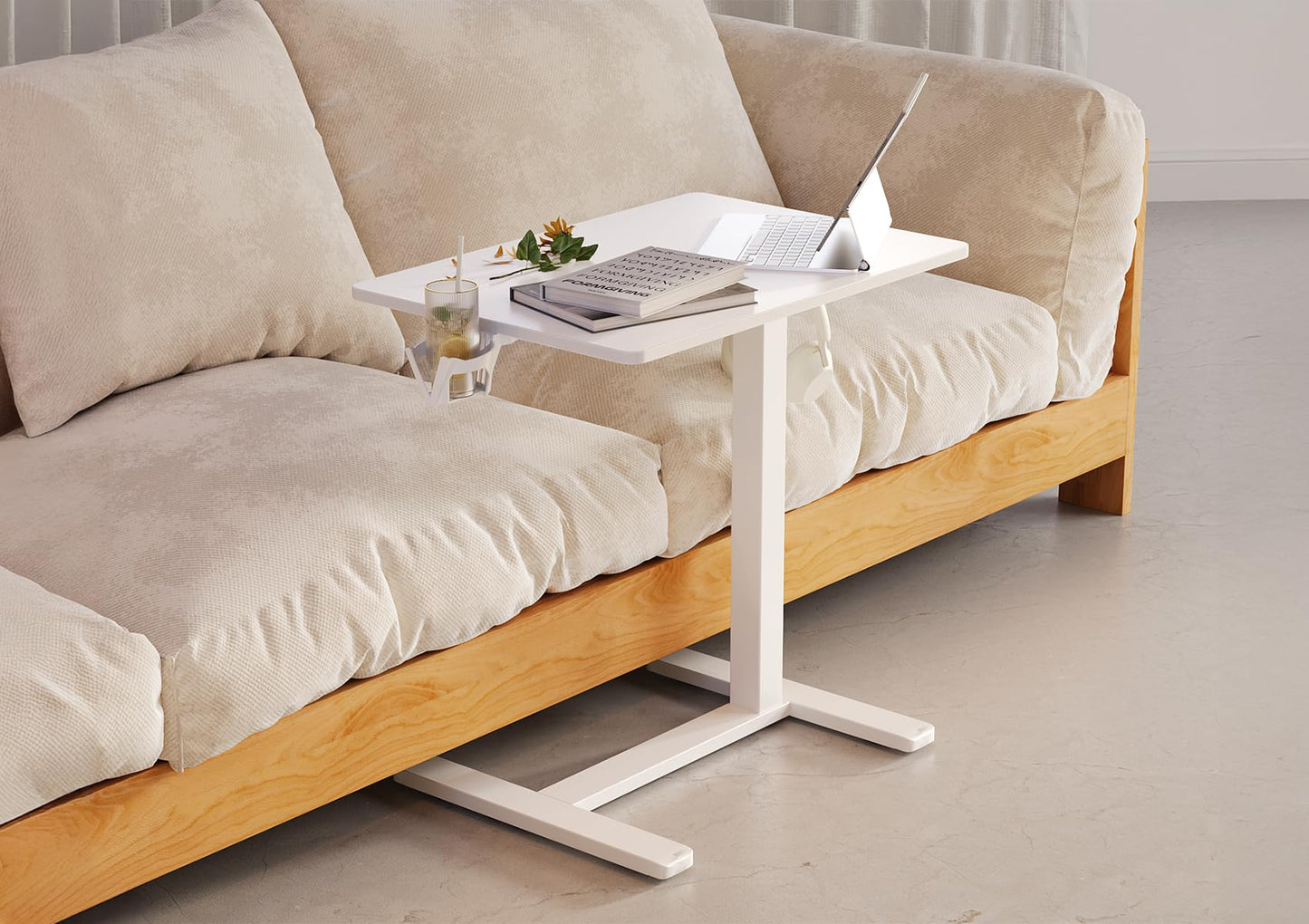 Claiks Mobile Overbed Table with Wheels - 25.5" Adjustable Height Standing Desk for Hospital & Home Use, 22lbs Capacity, Ergonomic Rolling Laptop Cart, White