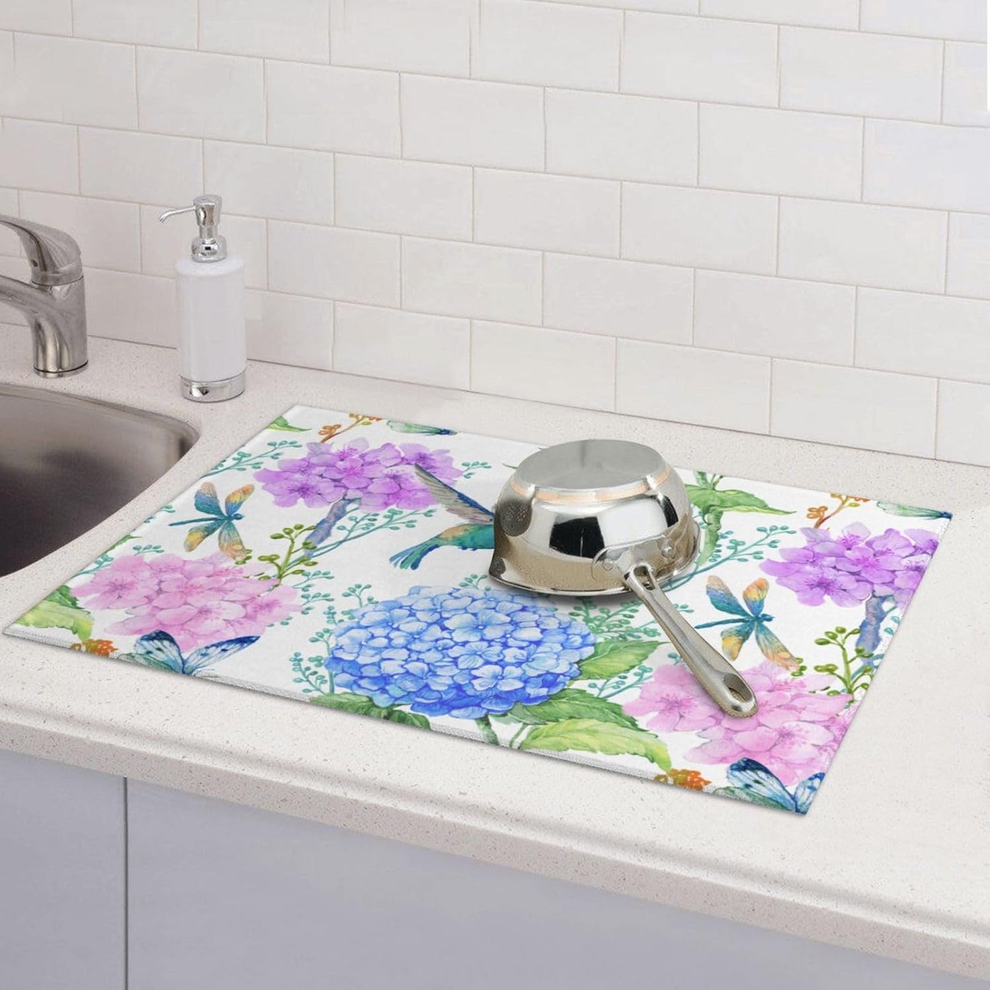 Dish Drying Mat Spring Hummingbird Flower Hydrangea for Kitchen Counter Absorbent Dishes Drainer Microfiber Large 18x24 Inch