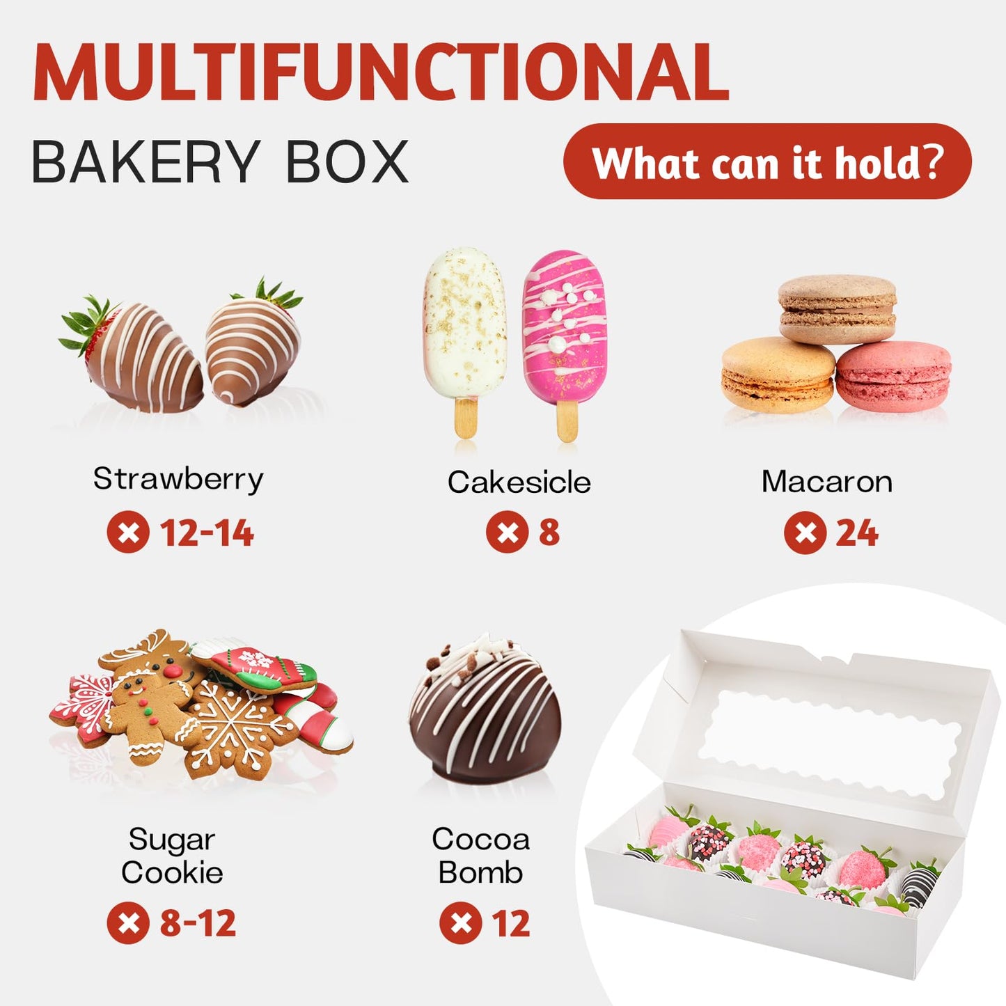 ZORRITA 30 Pack Auto Pop-up Cookie Boxes with Window, 12.5" x 5.5" x 2.5" White Bakery Boxes Treat Boxes for Chocolate Covered Strawberries, Cake Pops, Donuts, Cocoa Bombs, Sugar Cookies, Pastries
