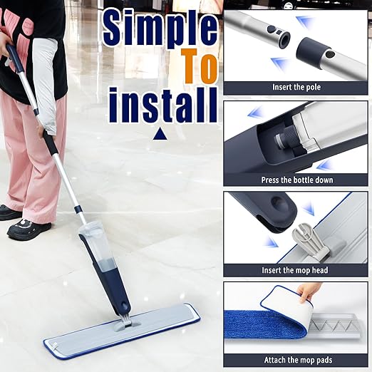 24" Dry mops for Floor Cleaning, Microfiber mop Spray System, Commercial Heavy-Duty Wet mops with 28oz Big Tank, 2 Washable Pads, Restaurant, Lobby, Pool, Factory, Office, Warehouse, Concert, Library