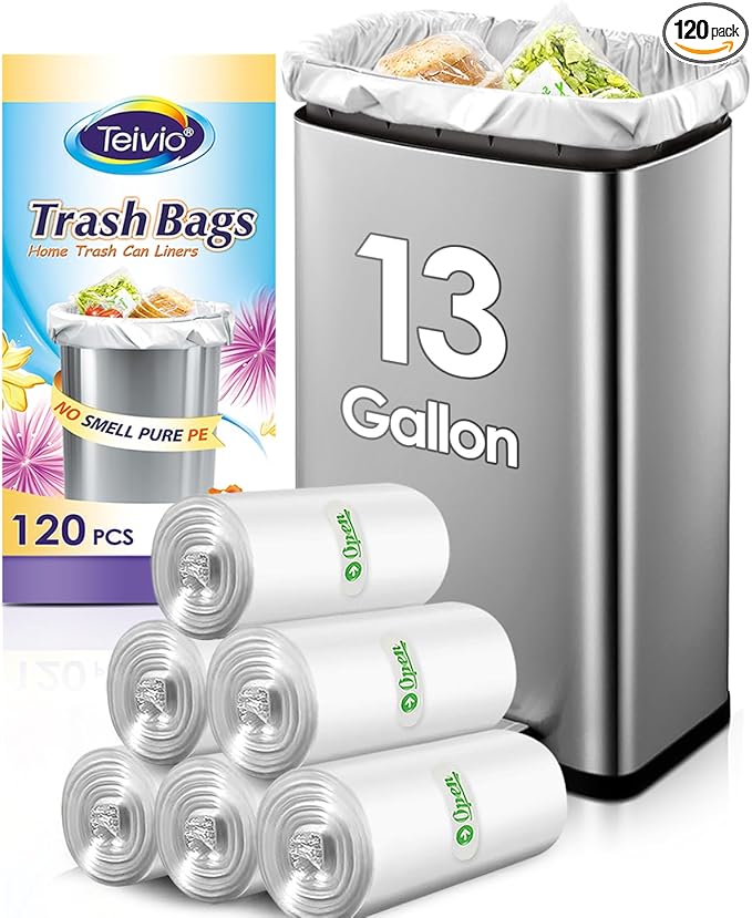 13 Gallon 120 Counts Strong Trash Bags Tall Kitchen Garbage Bags by Teivio, 12 Gallon 13 Gallon 14 Gallon, Multi-Use Bin Liners, Plastic Bags for Home Office Kitchen Yard Industrial, Clear