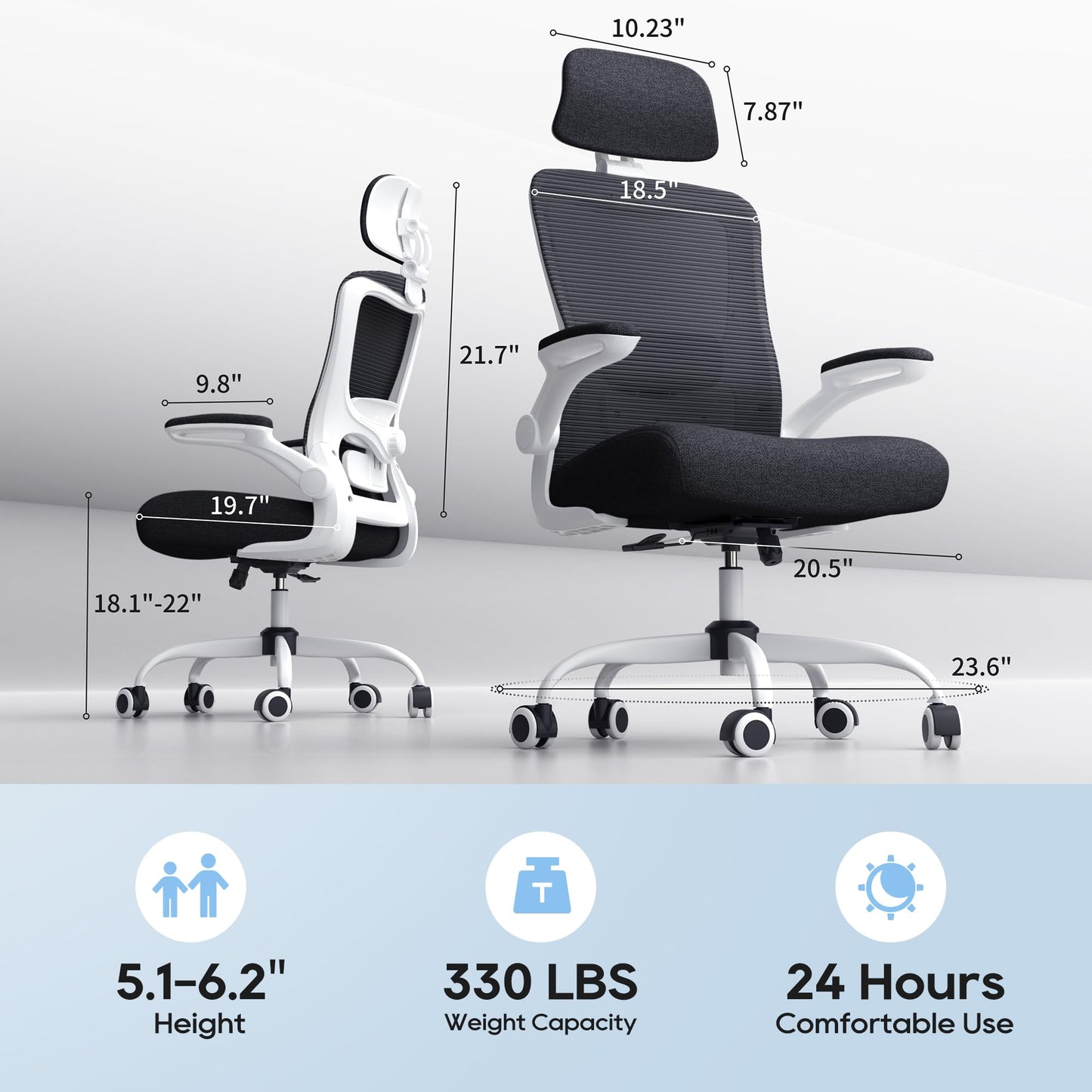 Zeonsit Ergonomic Office Chair, High Back Mesh Desk Chair with Adjustable Lumbar Support & Headrest, Flip-up Armrest, Computer Task Chairs for Home and Executive Office (W-Black)