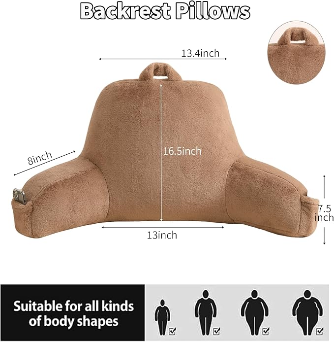 PAJEO Reading Pillow for Sitting in Bed, Large Backrest Reading Pillow with Arm Rest,Back-Rest Support Cushion for Sit Up on Couch, Sofa, and Floor, Dorm Essentials (Khaki Faux Fur, Standard(17"))