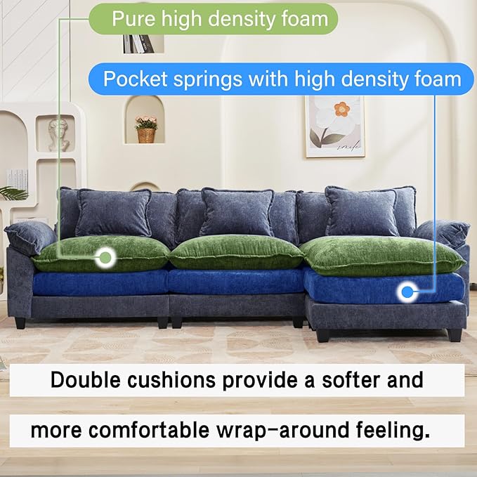 Oprisen 120" Modular Sectional Sofa, Comfy Cloud Couch Sectional Sofa with Ottoman, Chenille Sofa Sleeper Deep Seat Sofa with Throw Pillows for Living Room (Blue, 120"- L Shape)