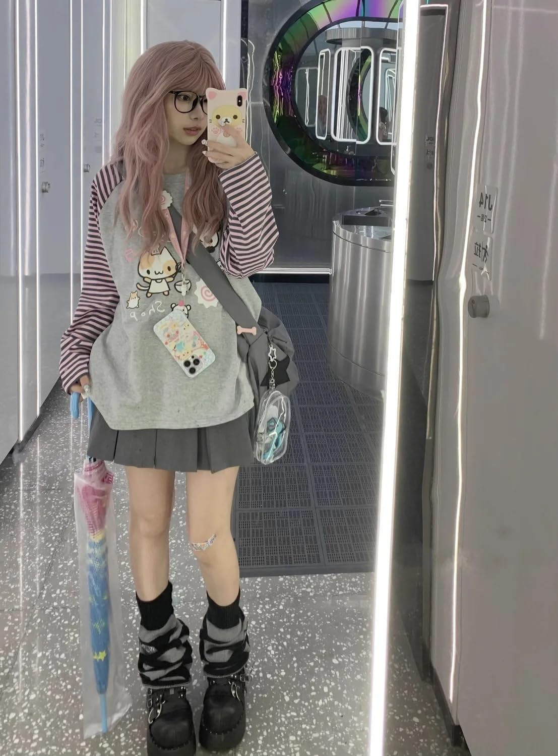Dynict Y2k Cute Sweatshirts for Women Harajuku Kawaii Striped Sweatshirts Cartoon T-shirts (Medium,Gray)