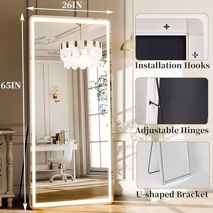 GLSLAND 65x26 LED Mirror Full Length, Aluminum Alloy Floor Mirrors with Lights, 3 Color Lighting & Dimming for Bedroom Decorative Wall Mounted, White