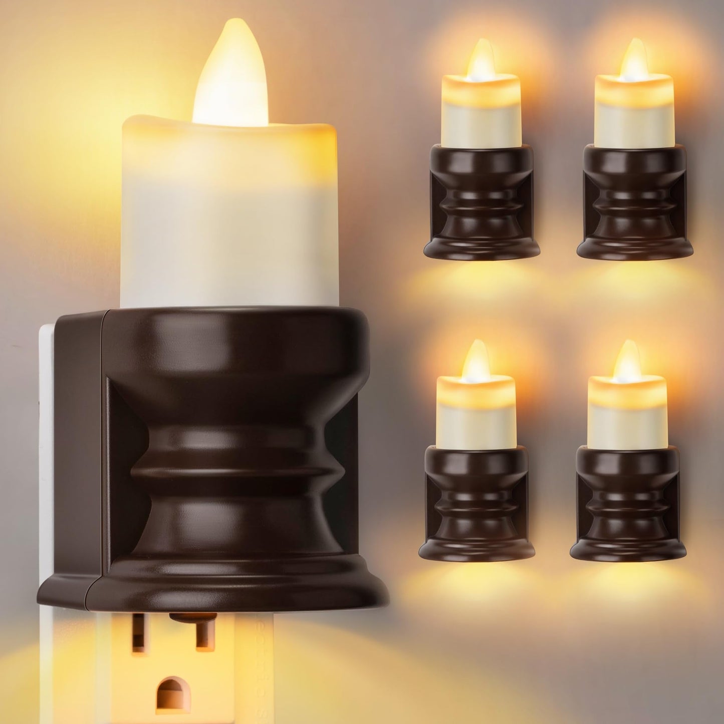 Meonum Flickering Flameless Candle Night Light Plug in, Dimmable LED Nightlight with Dusk to Dawn Sensor, Decorative Candle Light for Bedroom, Hallway, Bathroom(4 Pcs,Warm Yellow & Brown Base)