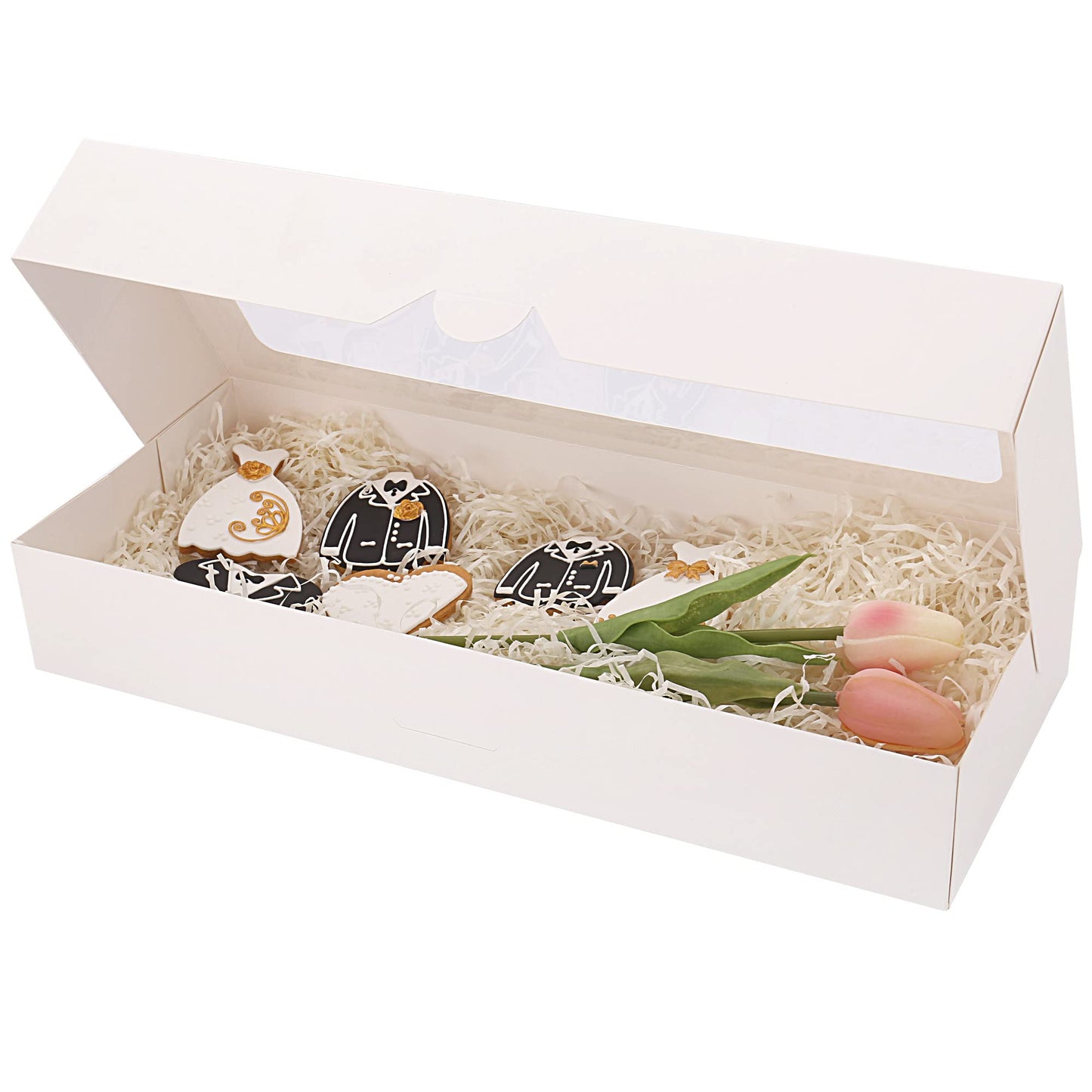 RIFMEAE 20-Pack 16" x 6.5" x 2.5" Cookie Boxes with Window, White Bakery Boxes, Strawberry boxes, Long Treat Boxes for Strawberries and Pastries