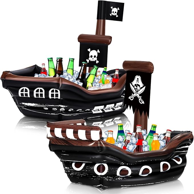 Zhanmai 2 Pcs Inflatable Pirate Ship Drink Cooler Inflatable Serving Bar Food Container for Summer Carniva Mardi Gras Pira...