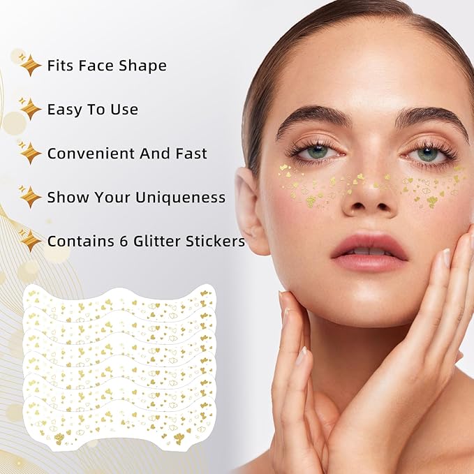 Glitter Freckles - 6PCS Metallic Fake Freckles, Silver Makeup Patches, Glow Up Glitter Freckles Face Tattoo, Water-Repellent Face Glitter, Cute Face Glitter for Kids, Temporary Face Jewels for Women