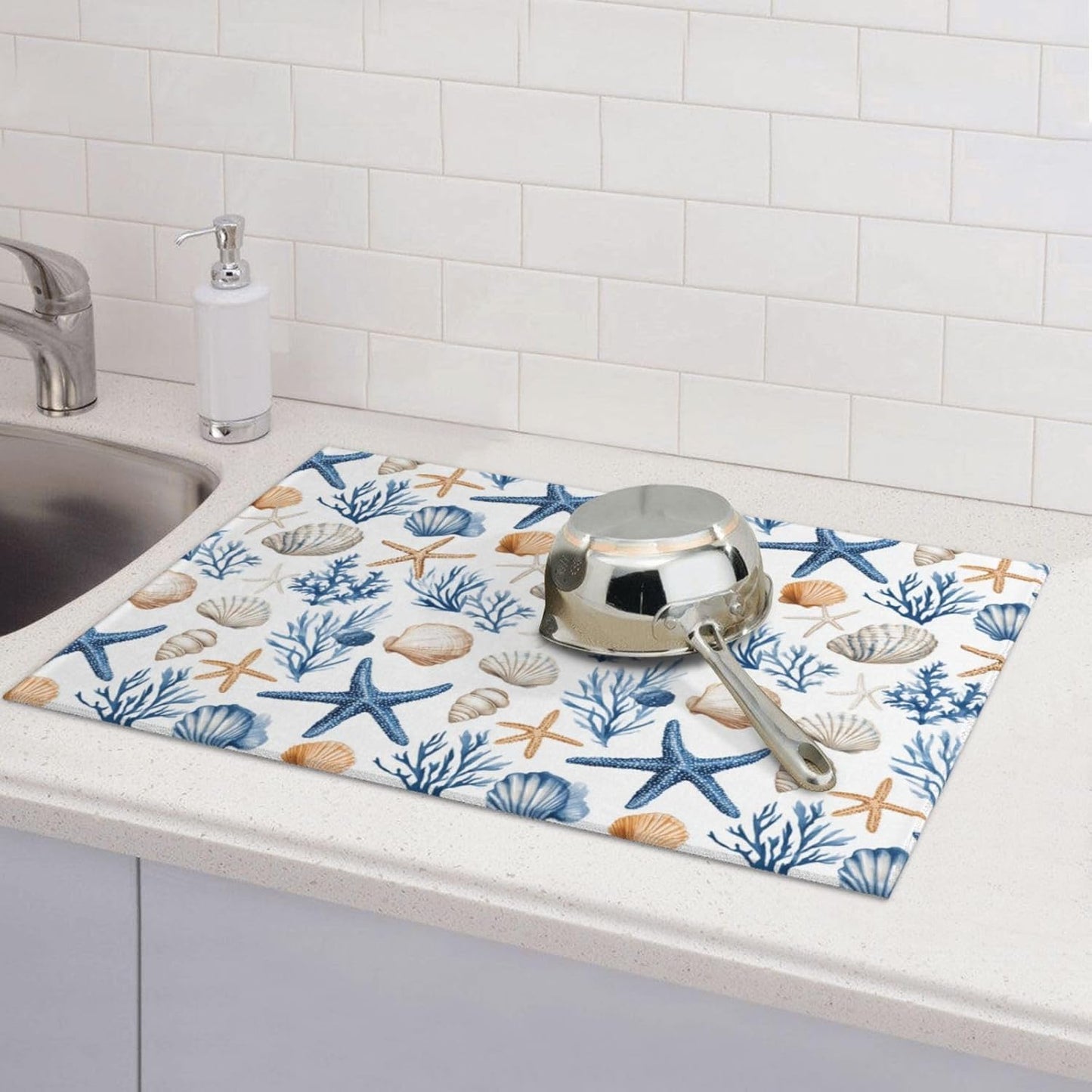 Dish Drying Mat for Kitchen Blue Seashell Starfish Childish Counter Absorbent Dishes Drainer Microfiber Large 18x24 Inch