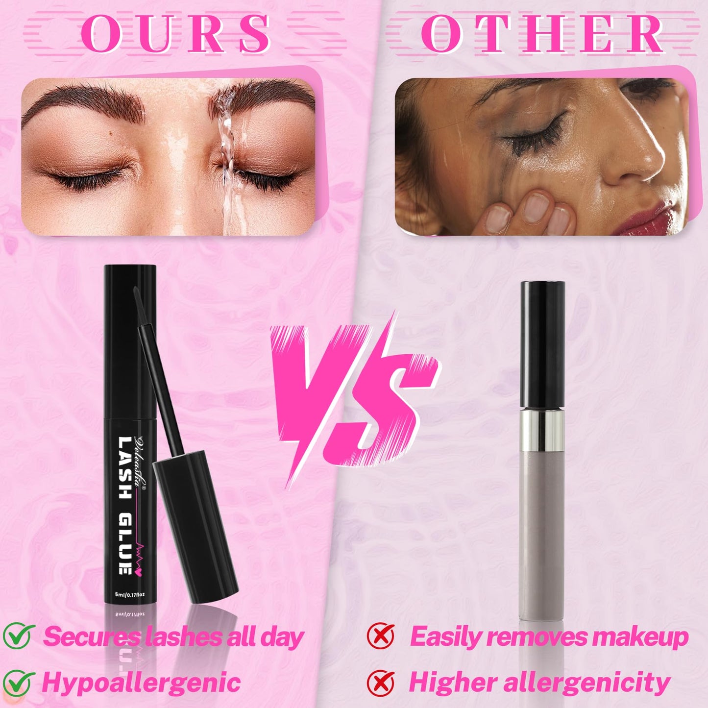 Veleasha Lash Glue Waterproof Fast Drying Eyelash Bond for False Eyelashes Long Lasting Non-Irritating Lash Adhesive with Brush