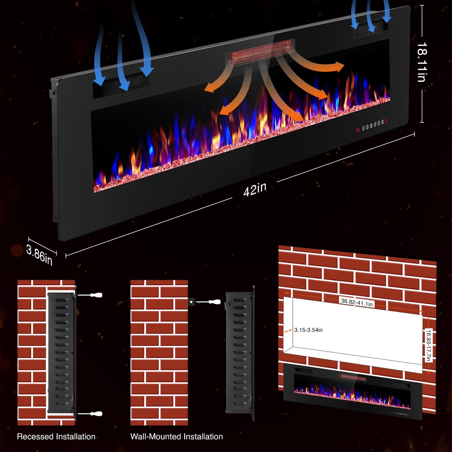 ZAFRO 42" Electric Fireplace with Remote Ultra-Thin & Quiet Wall-Mounted Recessed Heater, Adjustable 12-Color Flame, Brightness & Speed
