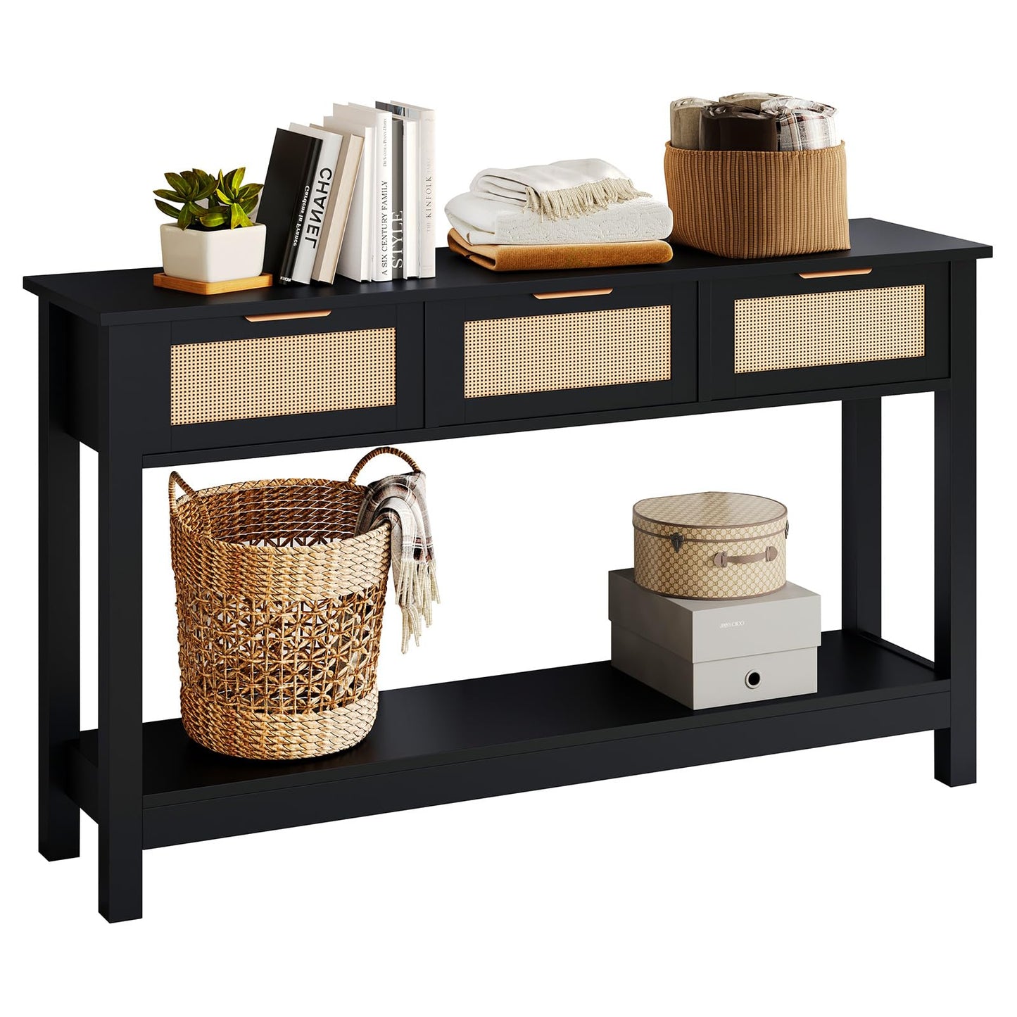 Luoxiao Entryway Console Table with 3 Rattan Drawers - Long Sofa Table Behind Couch Modern Fluted Hallway Living Room Storage Cabinet, Entry Table Open Shelf Foyer Furniture, Anti-Tip, Black, 47 Inch