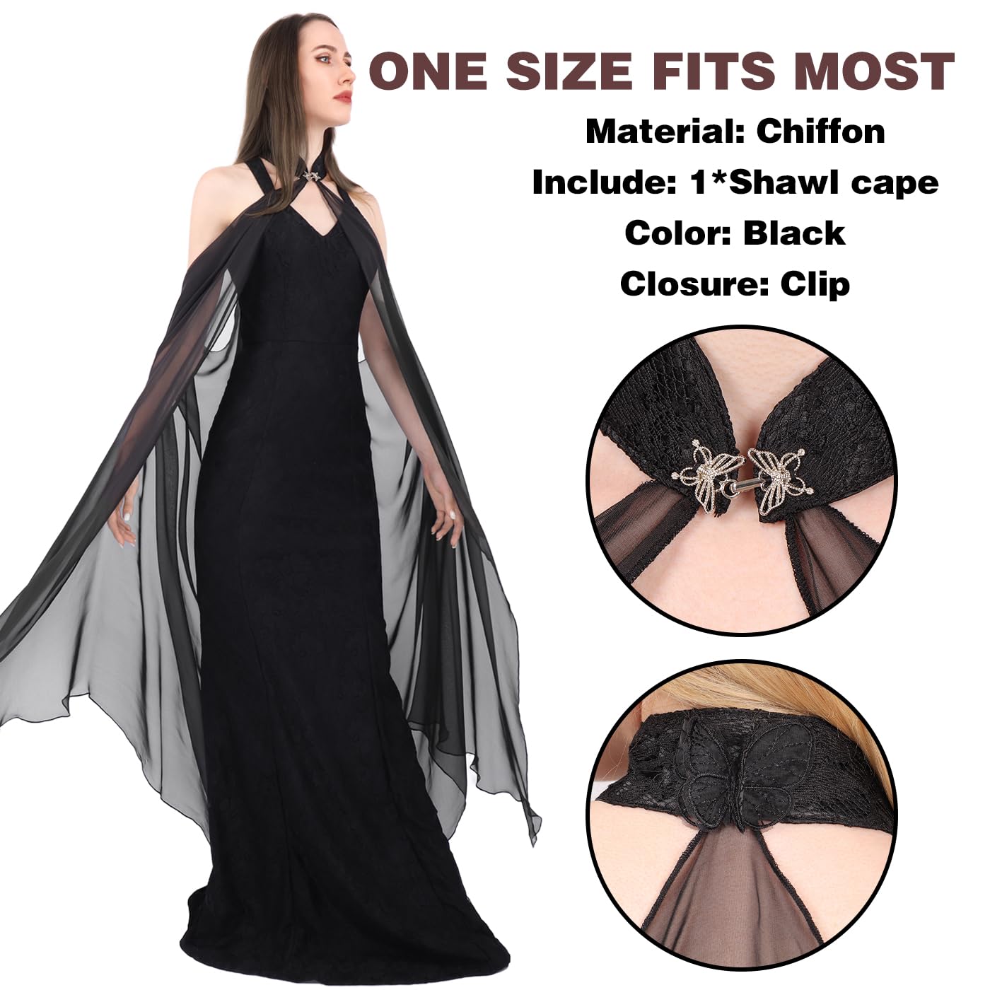 DAZCOS Chiffon Shawls Cape for Women Tulle Cloak Sheer for Evening Glamour Dresses Wedding Collared Halter Capelet (Black)