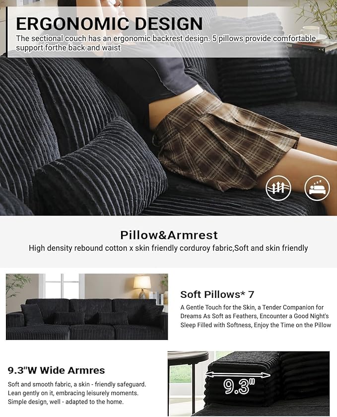 Vanress 110" Cloud Couch Sectional, Corduroy Boneless Couch with L-Shape Chaise,Modern Modular Sectional Sofa Comfy Deep Seat for Living Room, Bedroom, No Assembly (Black, Right Facing Chaise)